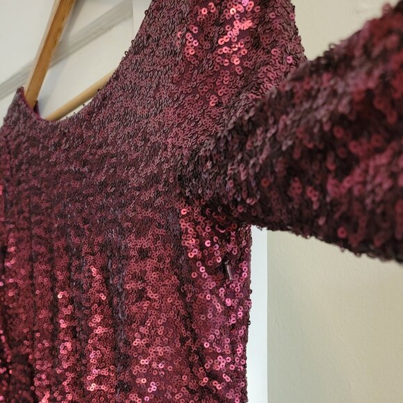 Badgley Mischka Collection Cowl Back Full Sequin Burgundy Holiday Dress - Picture 6 of 6